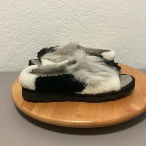 UGG Cozette Black White Grey Colorblock Fuzzy Sheepskin Slide Slippers 1095100 8